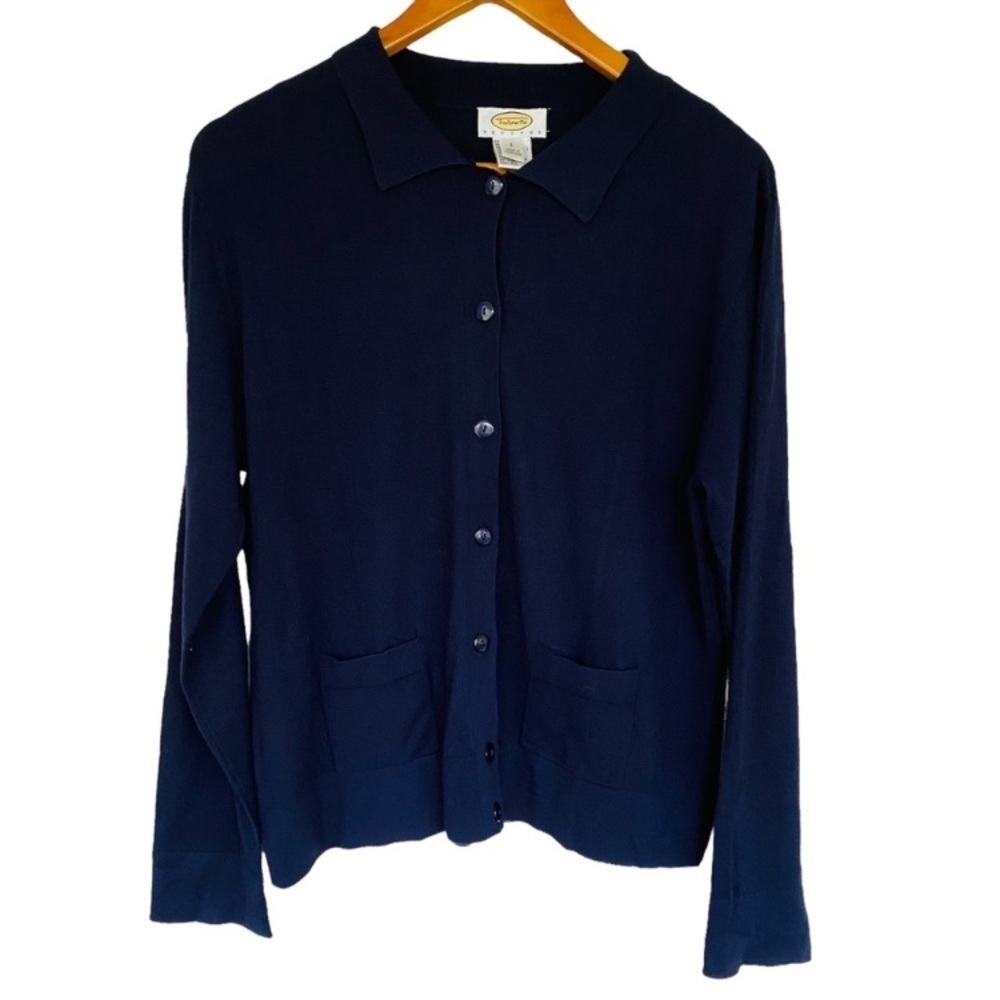 Vintage Talbots Blue Button Front Collared Patch Pocket  Academia Cardigan L